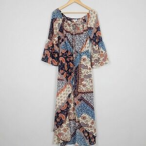 Venus Women Size 10 Maxi Swim Cover Up Dress Bohemian Patchwork Bell Sleeve